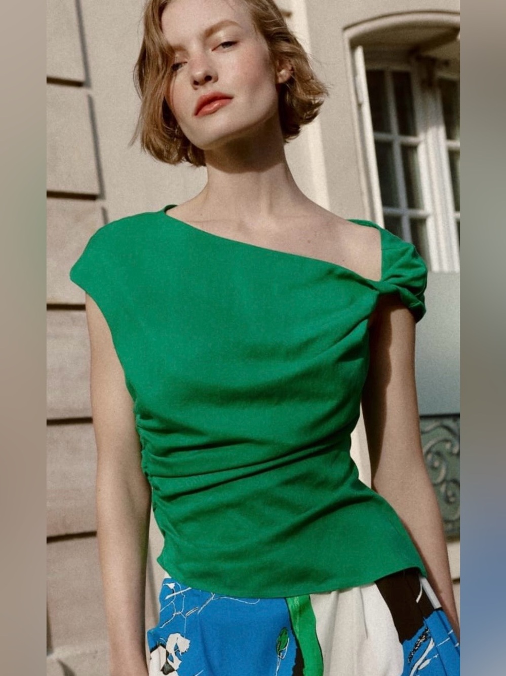 Zara Green Asymmetric Ruched Women's Top